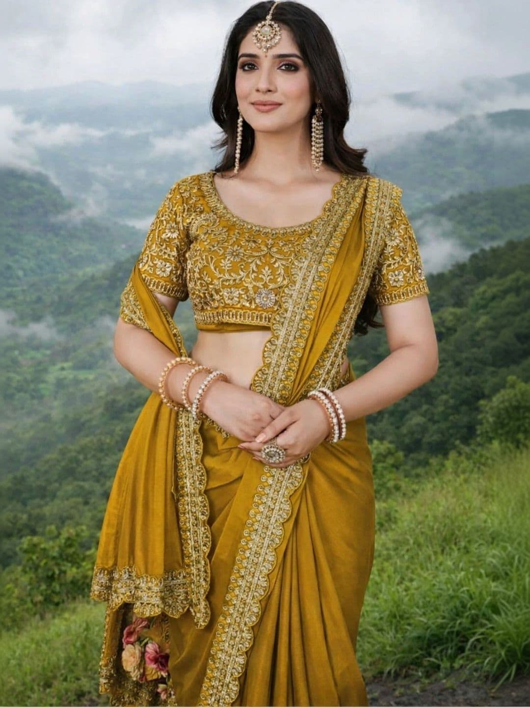 KALINI Floral Embroidered Silk Blend Heavy Work Saree thumbnail 3