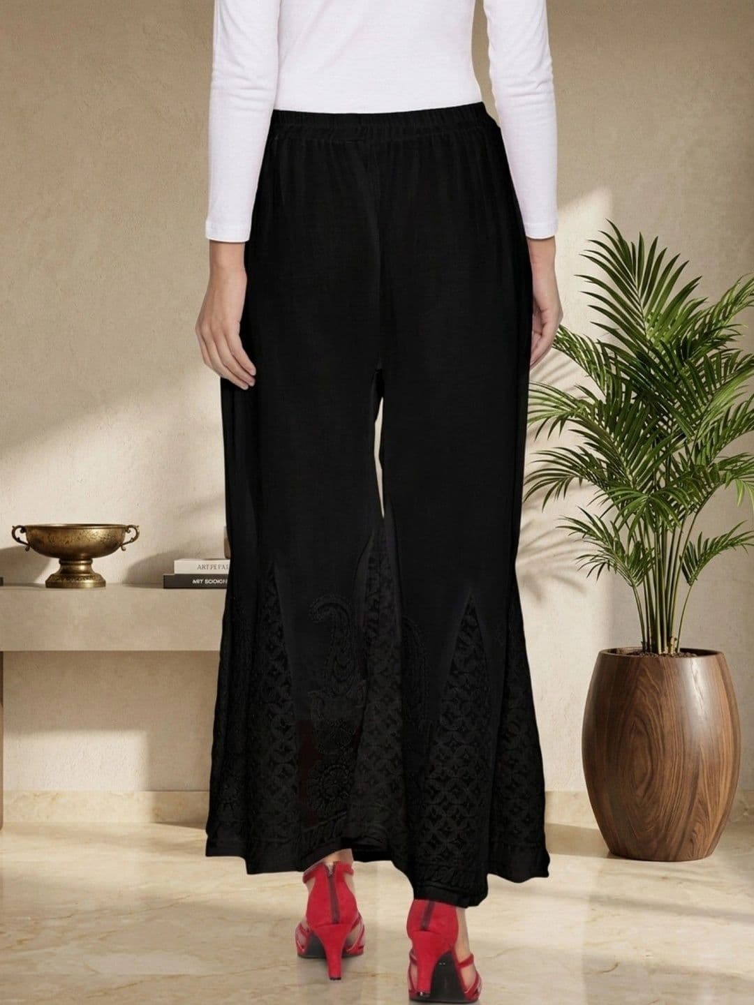 HERE&NOW Women's Black Ethnic Motifs Embroidered Wide-Leg Fit Palazzos thumbnail 4