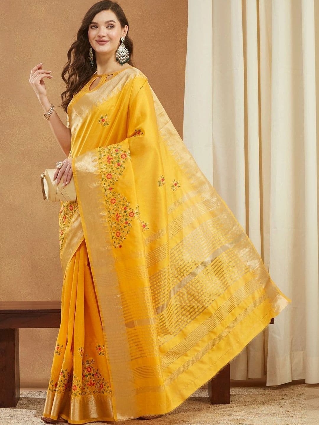 Sangria Floral Embroidered Art Silk Kasavu Saree - view 1