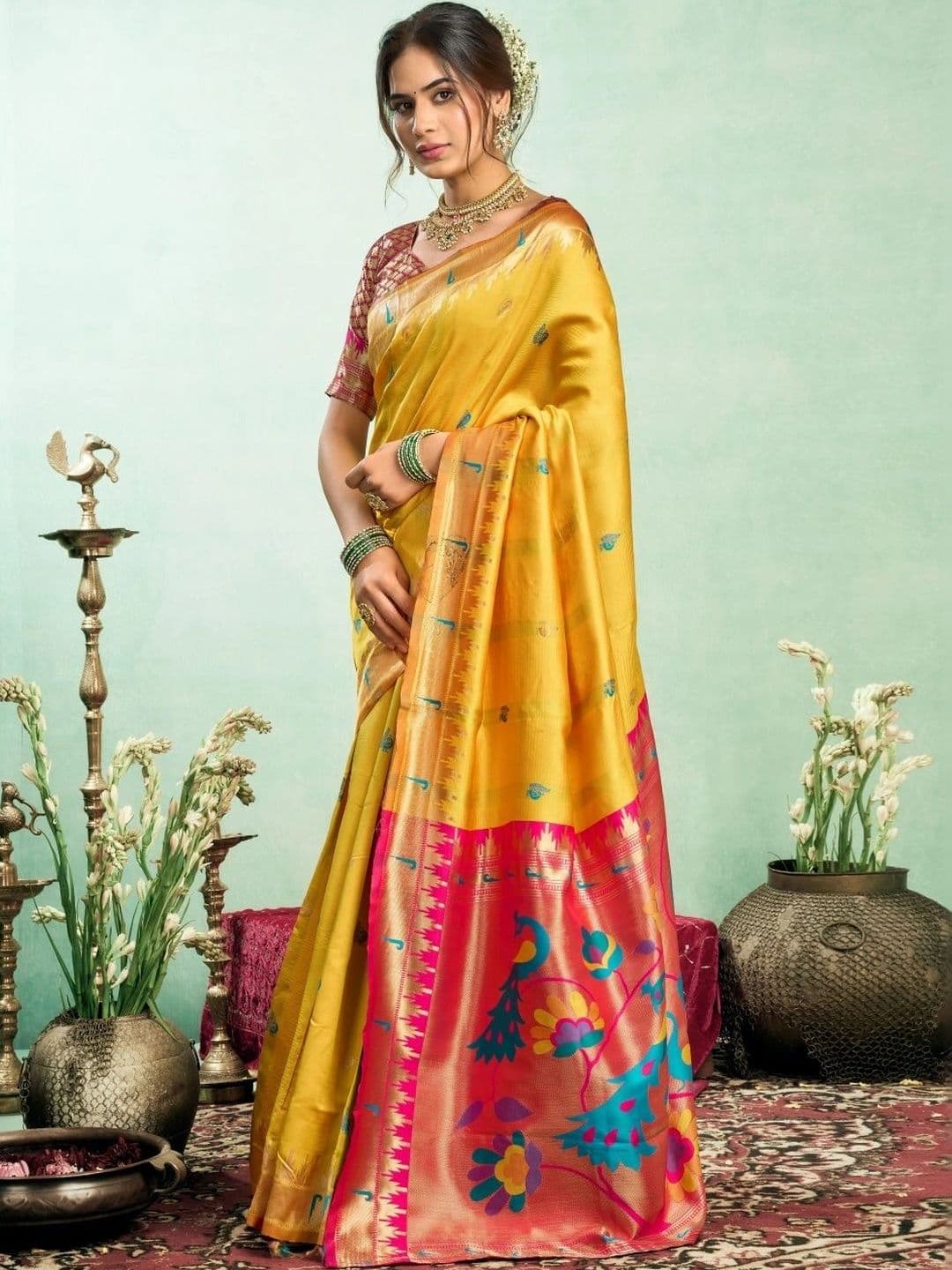 BORAD FASHION Woven Design Zari Silk Blend Designer Paithani Saree thumbnail 2