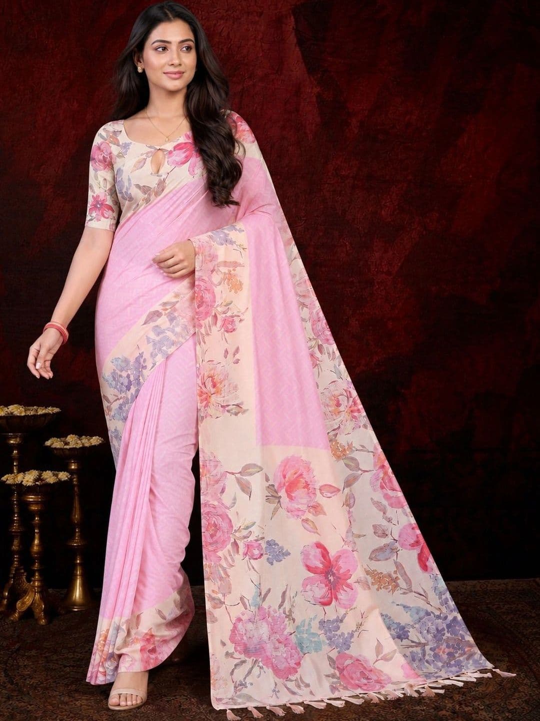 Durga Textile Floral Silk Blend Saree thumbnail 3