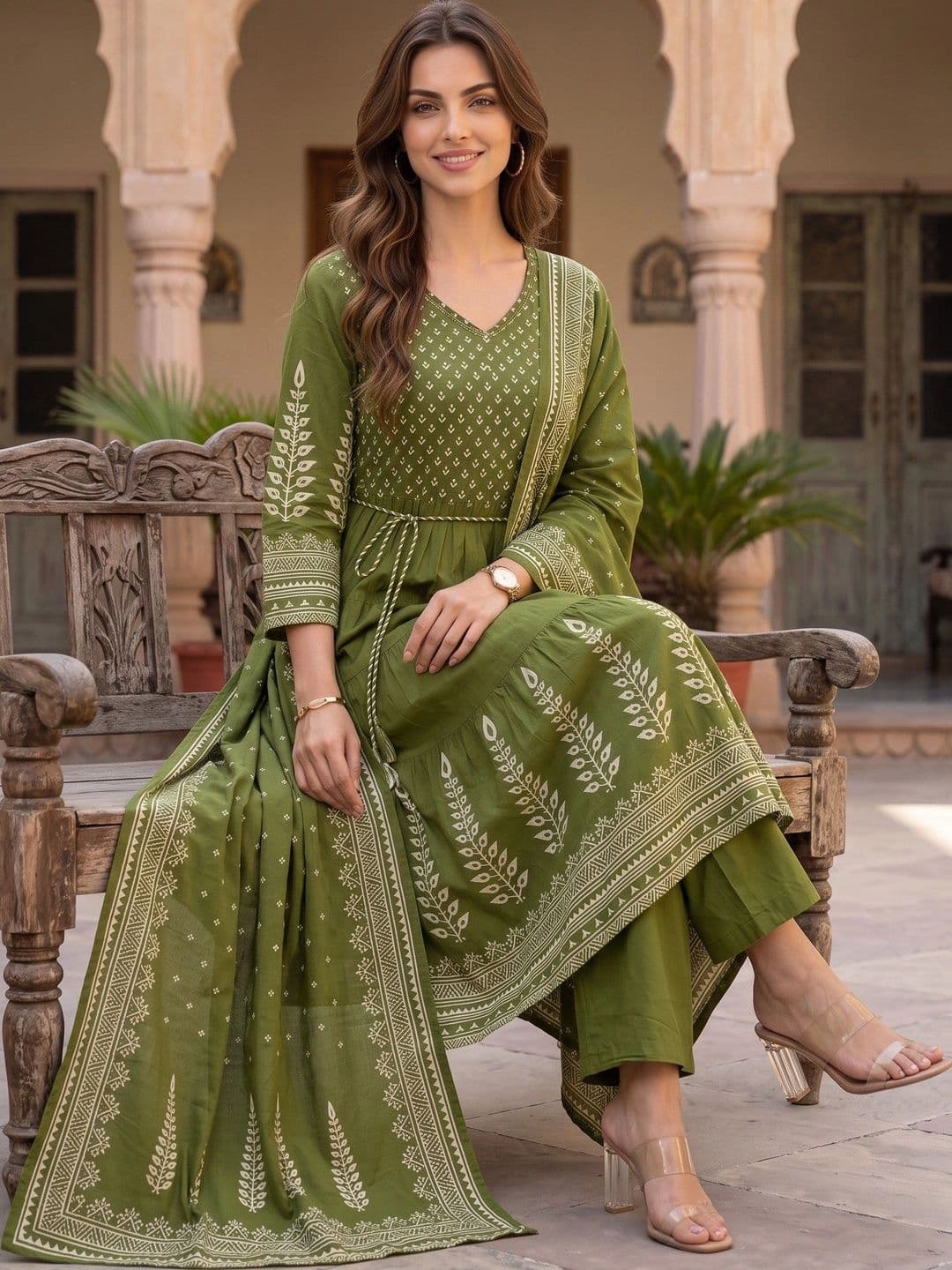 Sangria Women Ethnic Motifs Embroidered Tiered Thread Work Pure Cotton Kurta with Trousers & With Dupatta thumbnail 4