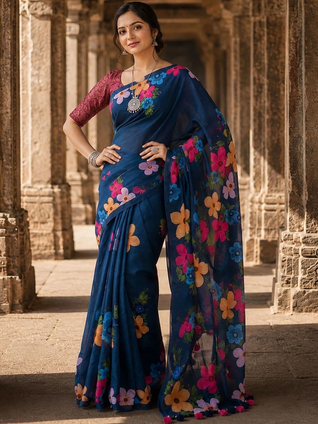 Mitera Floral Linen Blend Designer Block Print Saree thumbnail 2
