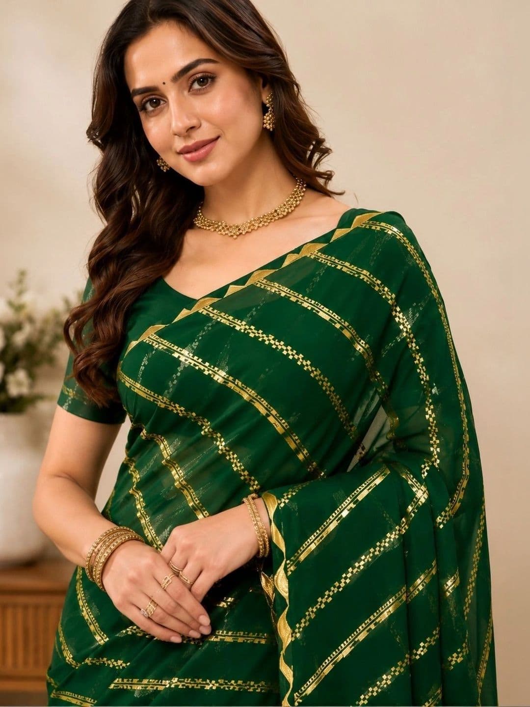 RENBRIZA Striped Zari Poly Georgette Leheriya Saree thumbnail 2