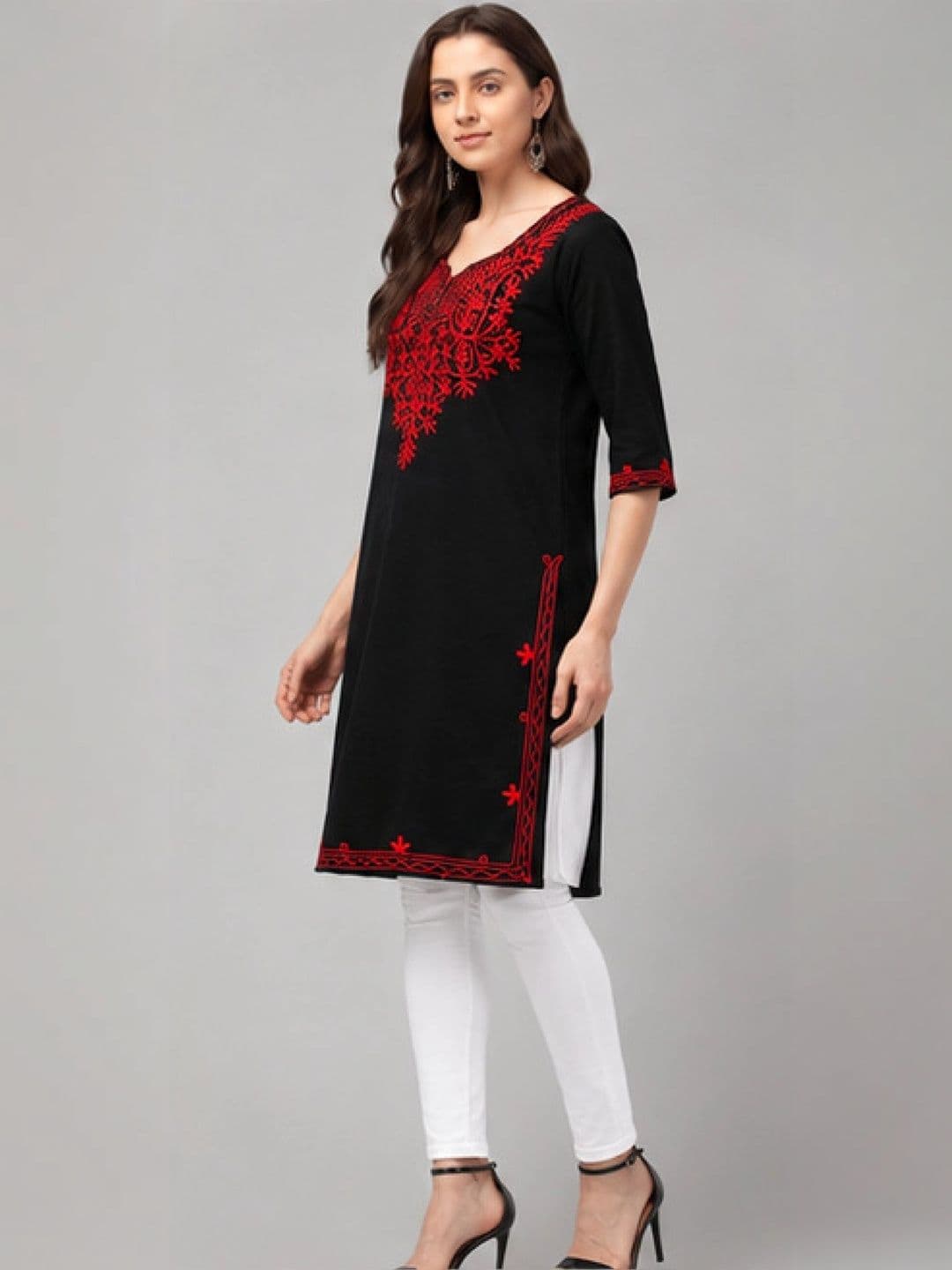 ERUDITE CLUB Women Ethnic Motifs Embroidered Thread Work Woollen Kurta thumbnail 4