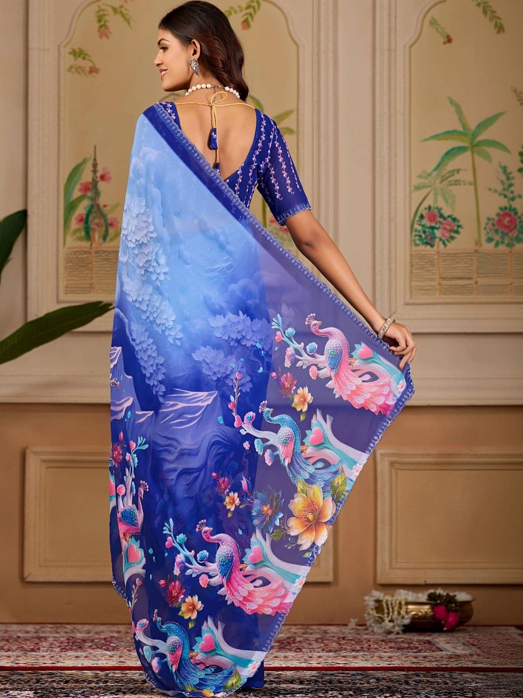 K 5 Fashion Floral Embroidered Pure Georgette Fusion Ikat Saree thumbnail 2