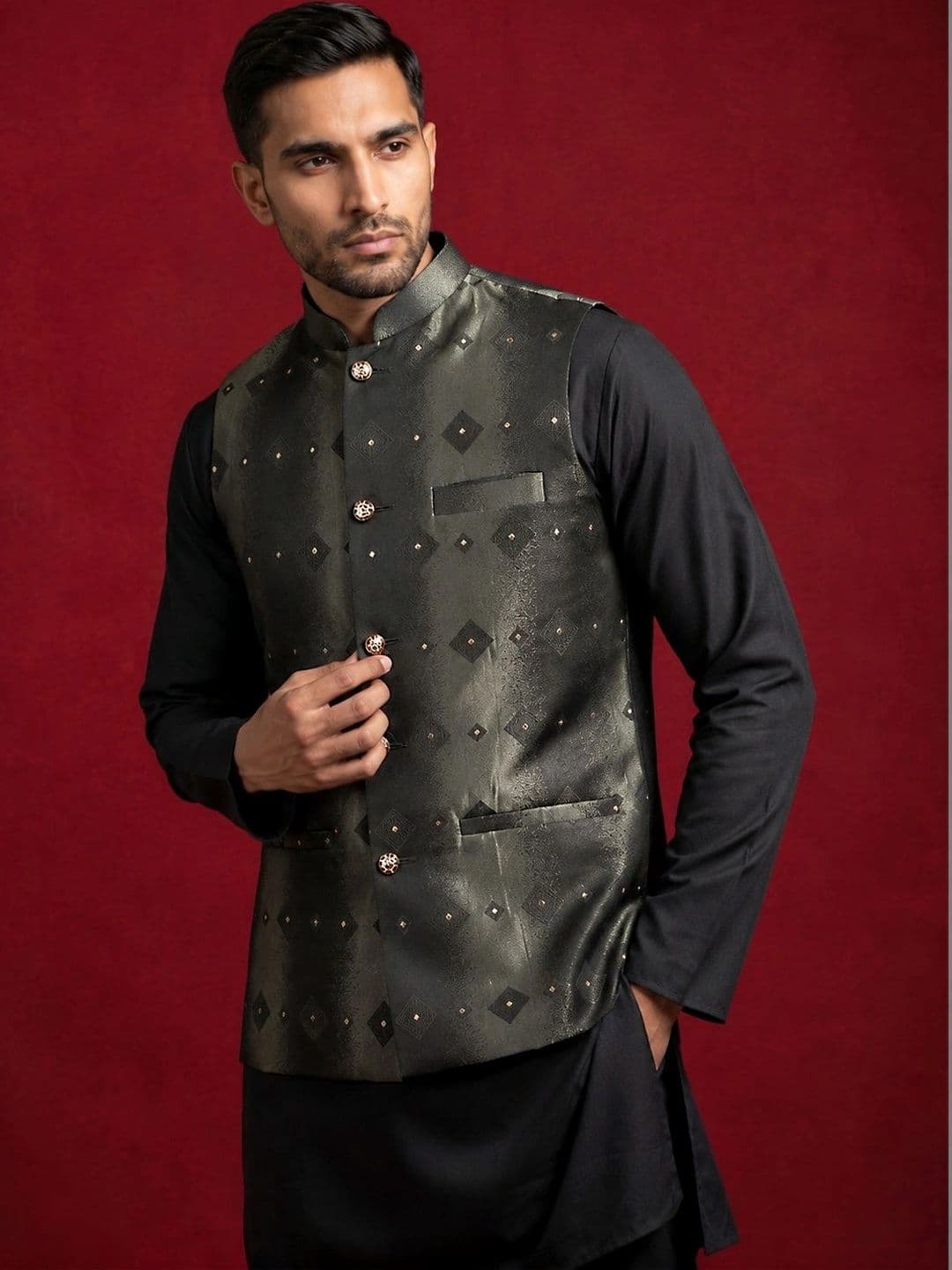 Jompers Woven Design Woven Nehru Jackets thumbnail 2