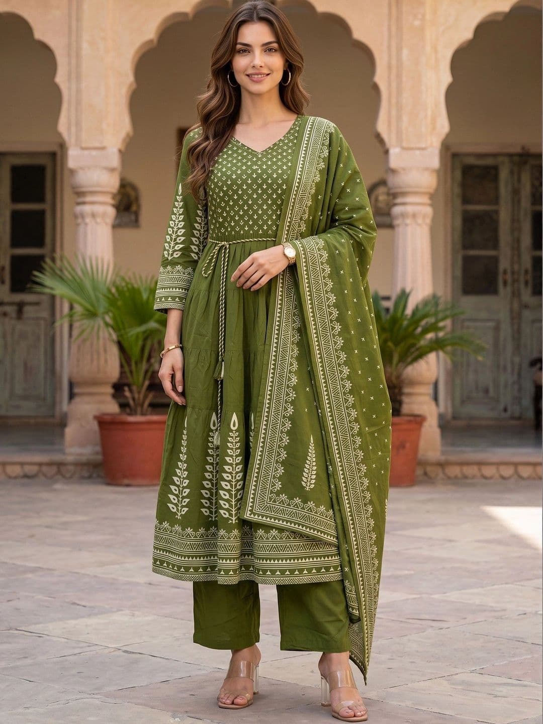Sangria Women Ethnic Motifs Embroidered Tiered Thread Work Pure Cotton Kurta with Trousers & With Dupatta - view 1