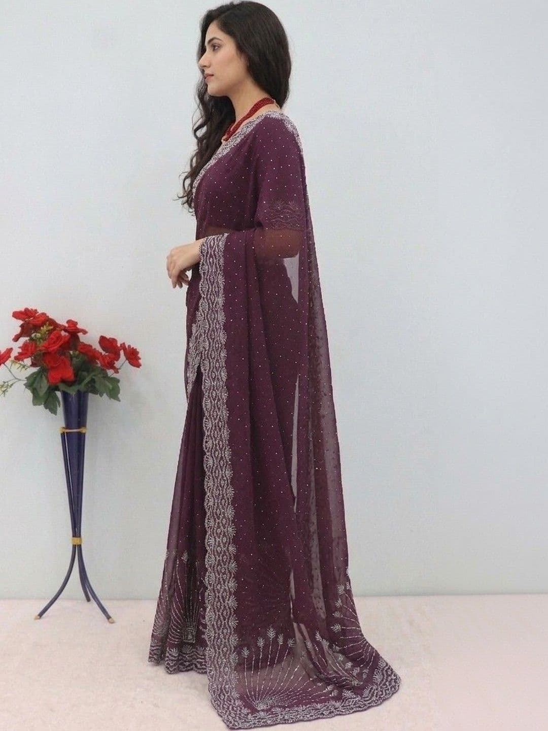 SmileyFashion Embellished Pure Georgette Designer Saree thumbnail 3