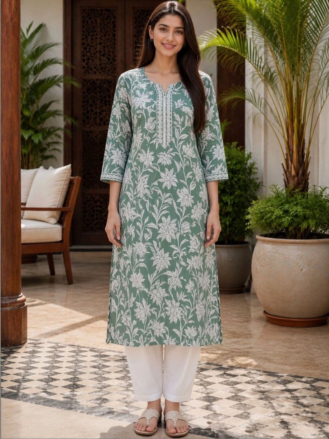 Merira Floral Printed V-Neck Pure Cotton Blend Kurti thumbnail 4
