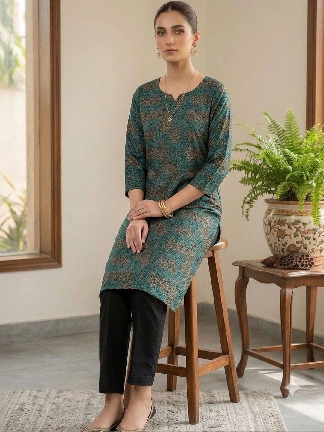 Khasmuda Attire Women Ethnic Motifs Printed Regular Pure Cotton Kurti with Trousers thumbnail 3