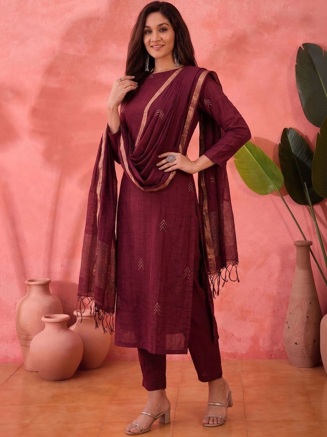 Sangria Women Ethnic Motifs Regular Kurta with Trousers & With Dupatta thumbnail 3