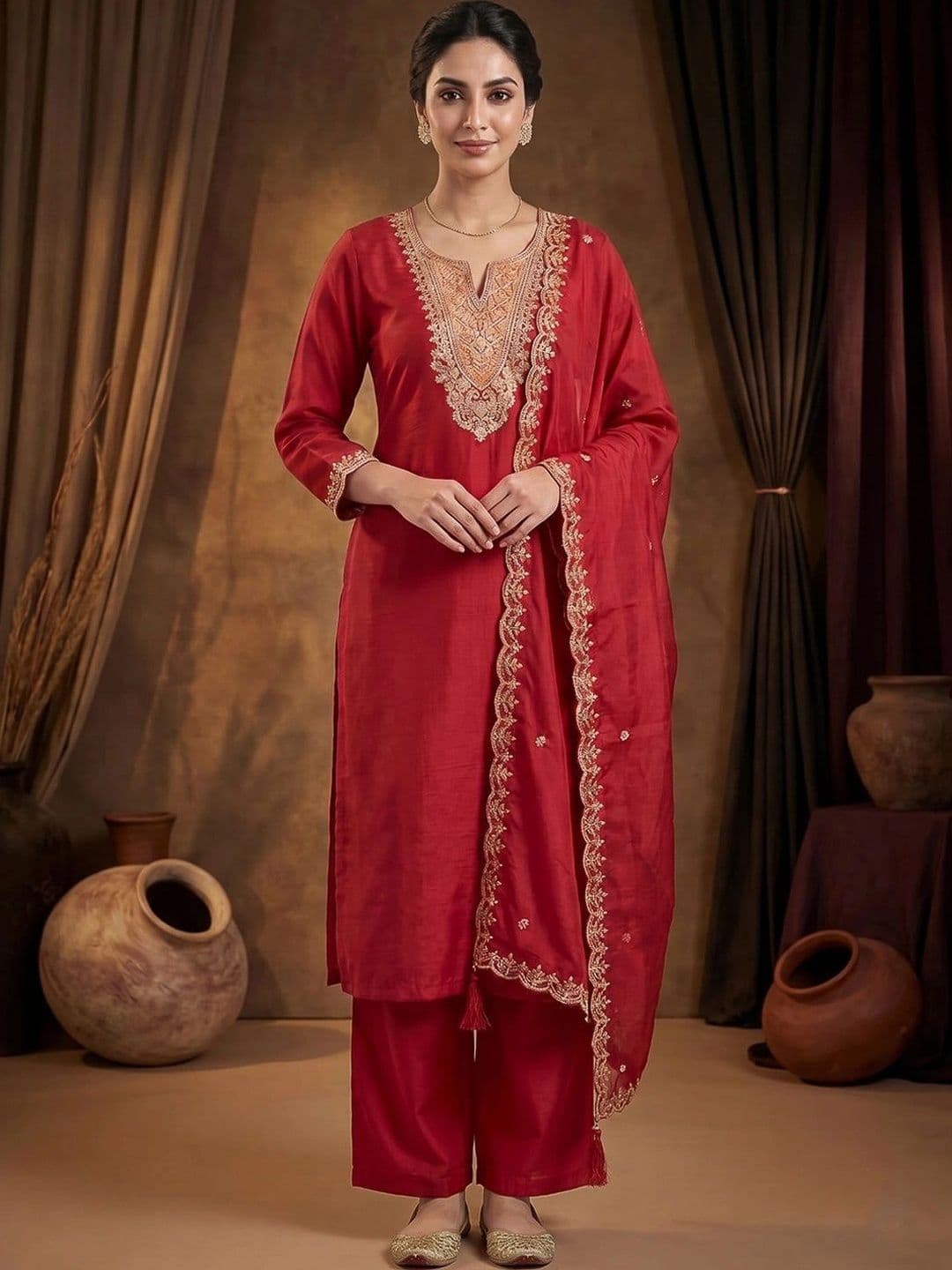Meena Bazaar Women Ethnic Motifs Embroidered Kurta with Trousers & Dupatta - view 1