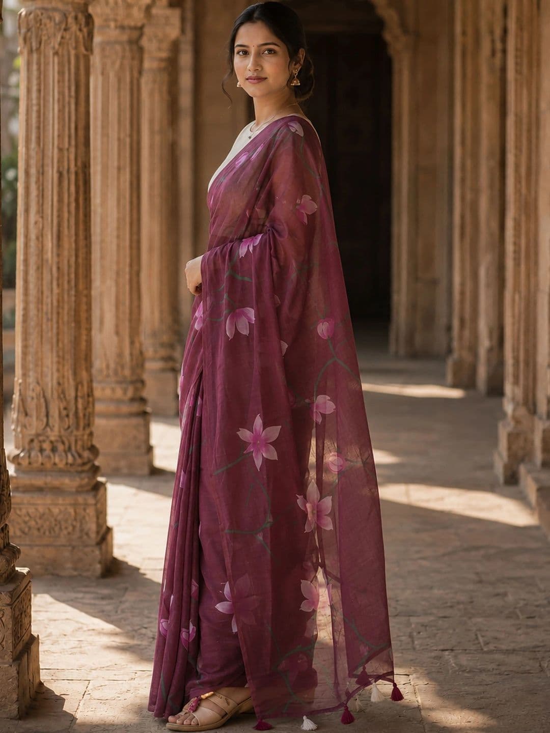 Mitera Floral Linen Blend Designer Block Print Saree thumbnail 5