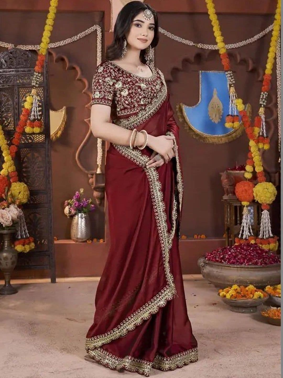 KALINI Floral Embroidered Silk Blend Heavy Work Saree thumbnail 3
