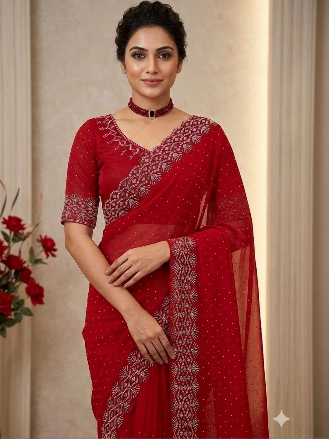 SmileyFashion Embellished Pure Georgette Designer Saree thumbnail 4