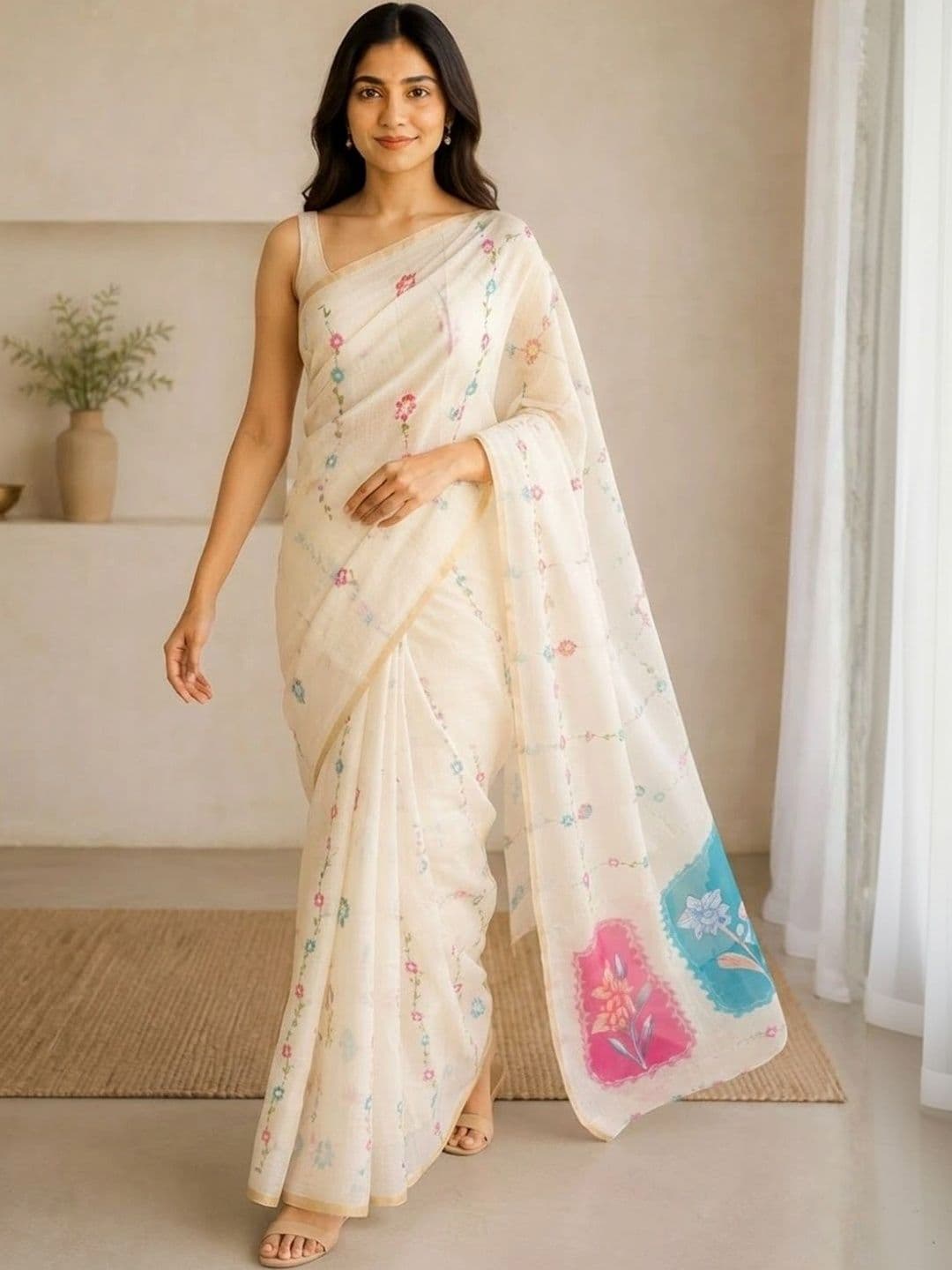 Saatika Cotton Linen Floral Printed Saree with Unstitched Blouse thumbnail 6