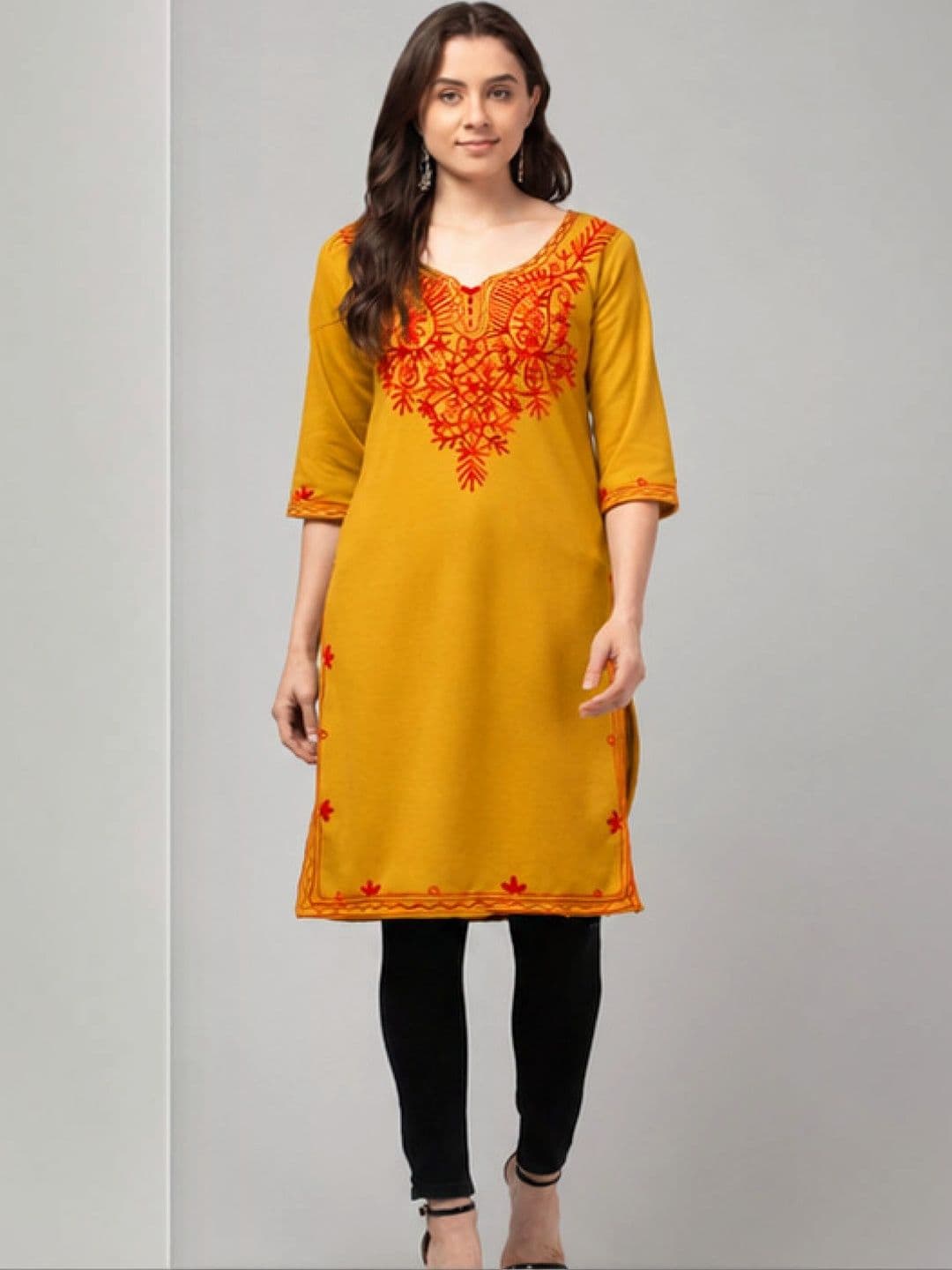 AFFLEON Women Ethnic Motifs Embroidered Thread Work Woollen Kurta - view 1