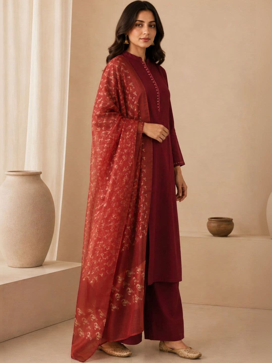 JAIPUR KURTI LUXE Women Ethnic Motifs Regular Thread Work Kurta & Palazzos  With Dupatta thumbnail 4