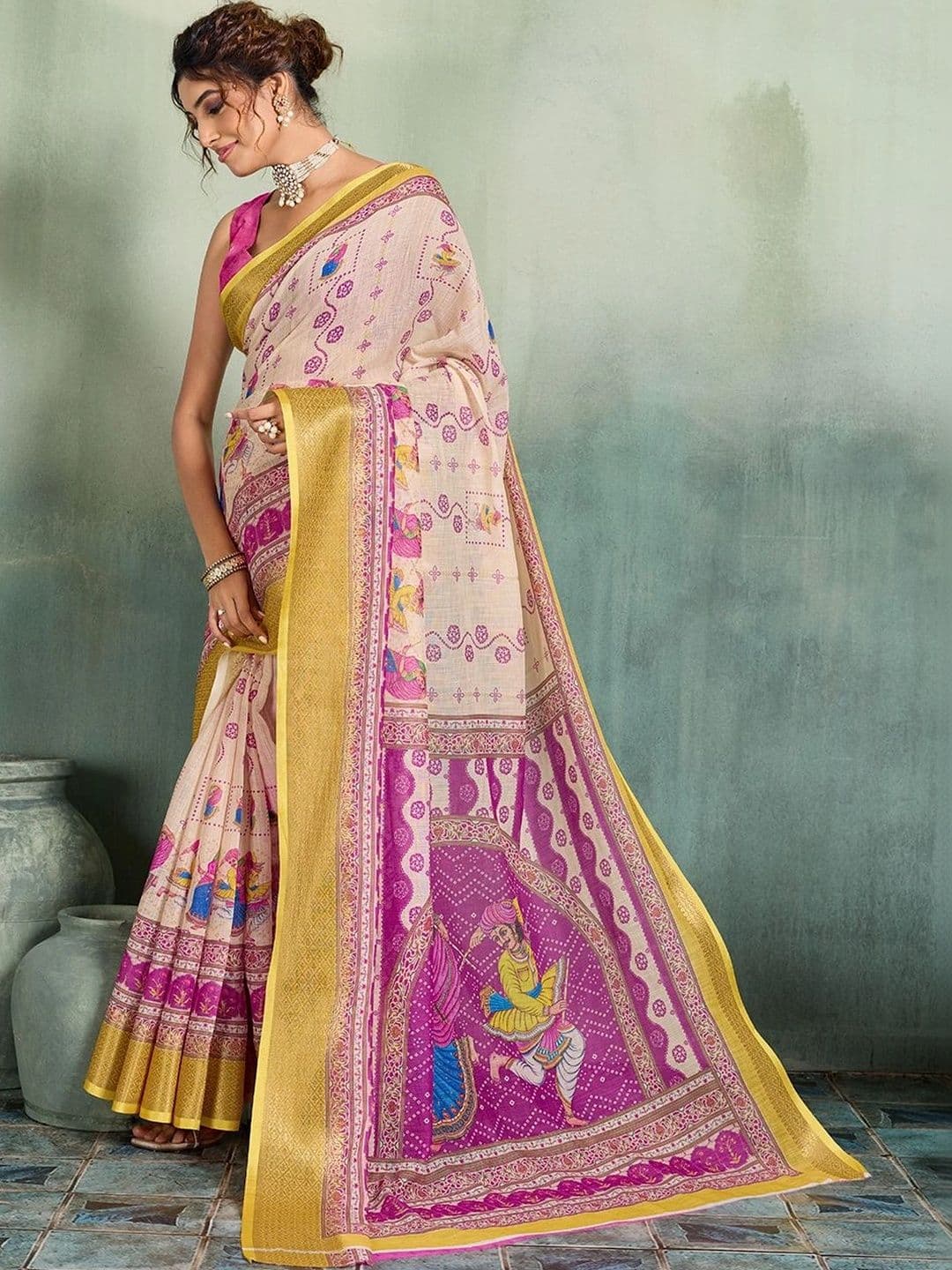 Nayanthara Trends Bandhani Zari Linen Blend Designer Saree thumbnail 7