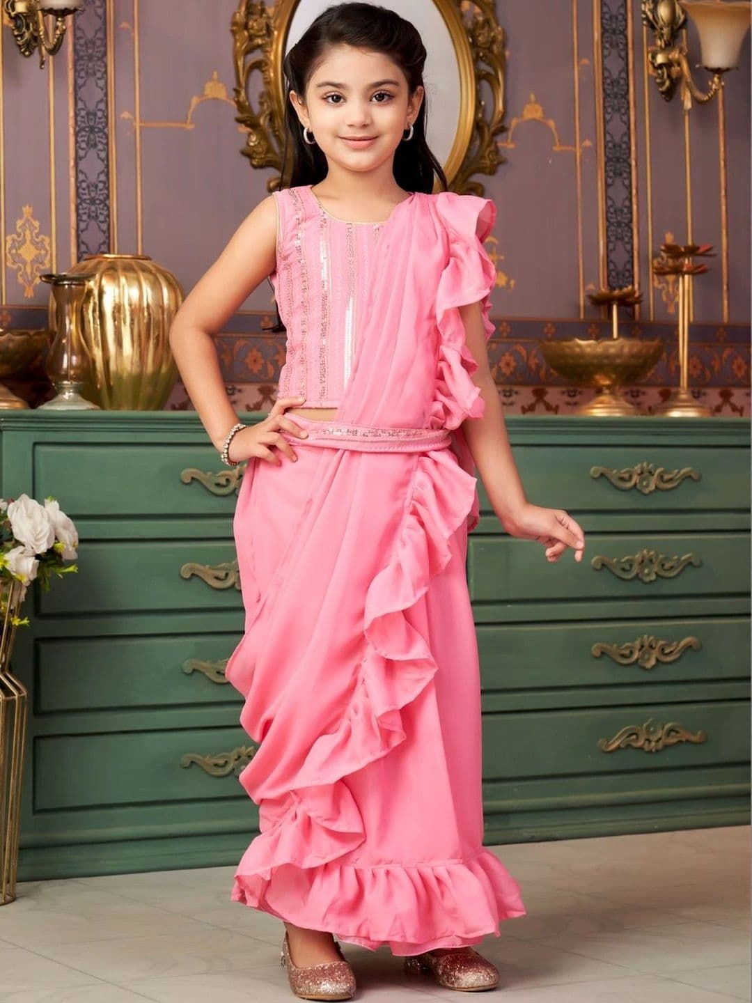 BAESD Girls Embellished Sequinned Ready to Wear Lehenga & - view 1