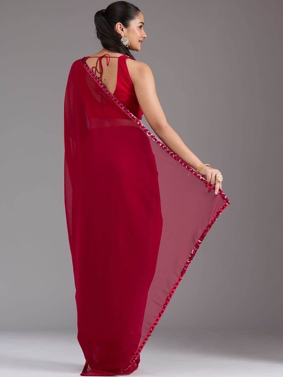 Koskii Women Sequins Maroon Georgette Saree With Unstitched Blouse thumbnail 3