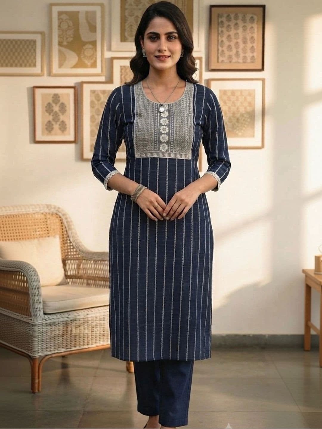 Khasmuda Attire Women Striped Regular Thread Work Pure Cotton Kurta with Trousers - view 1