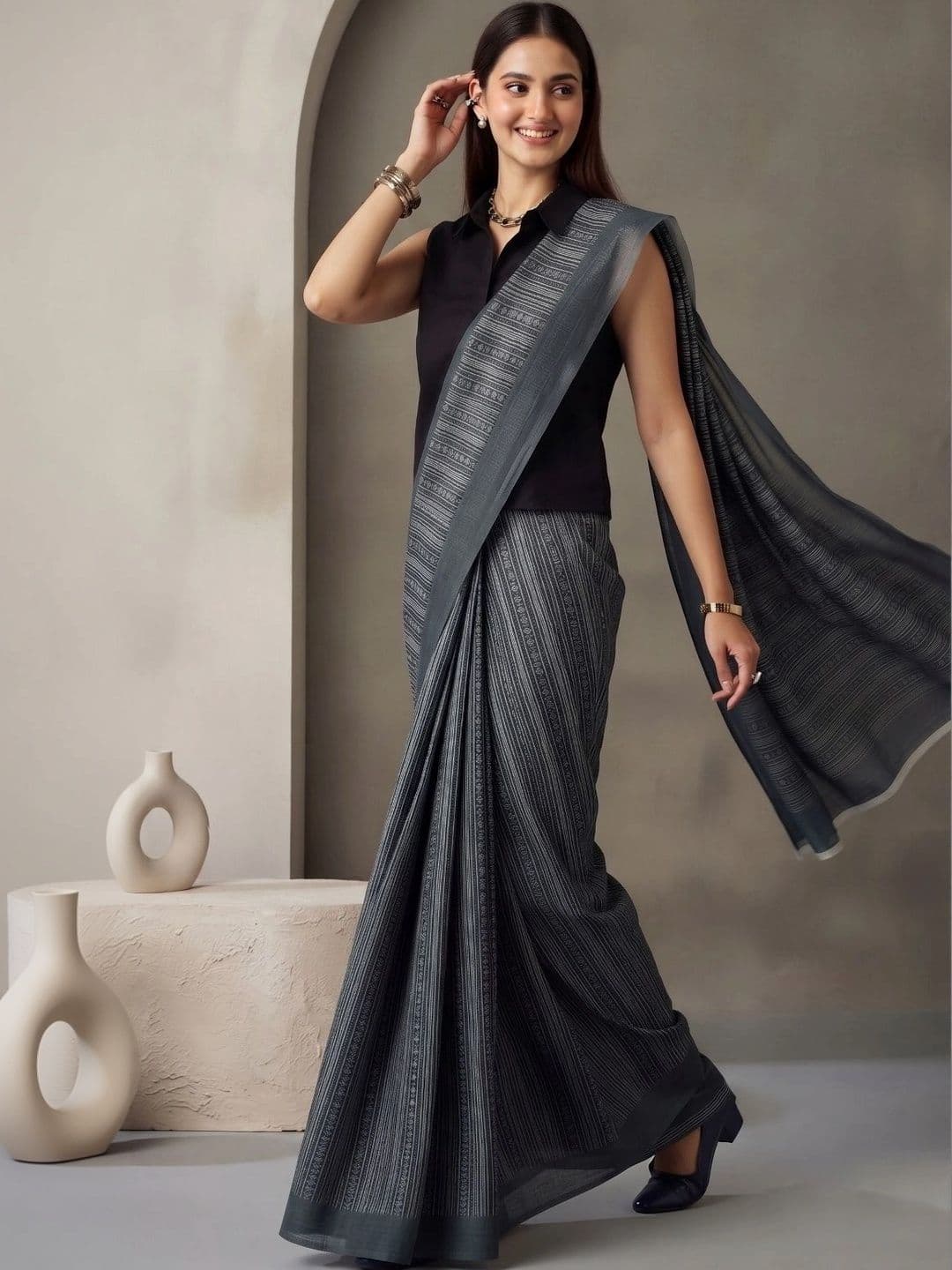 BORAD FASHION Striped Designer Chanderi Saree thumbnail 3