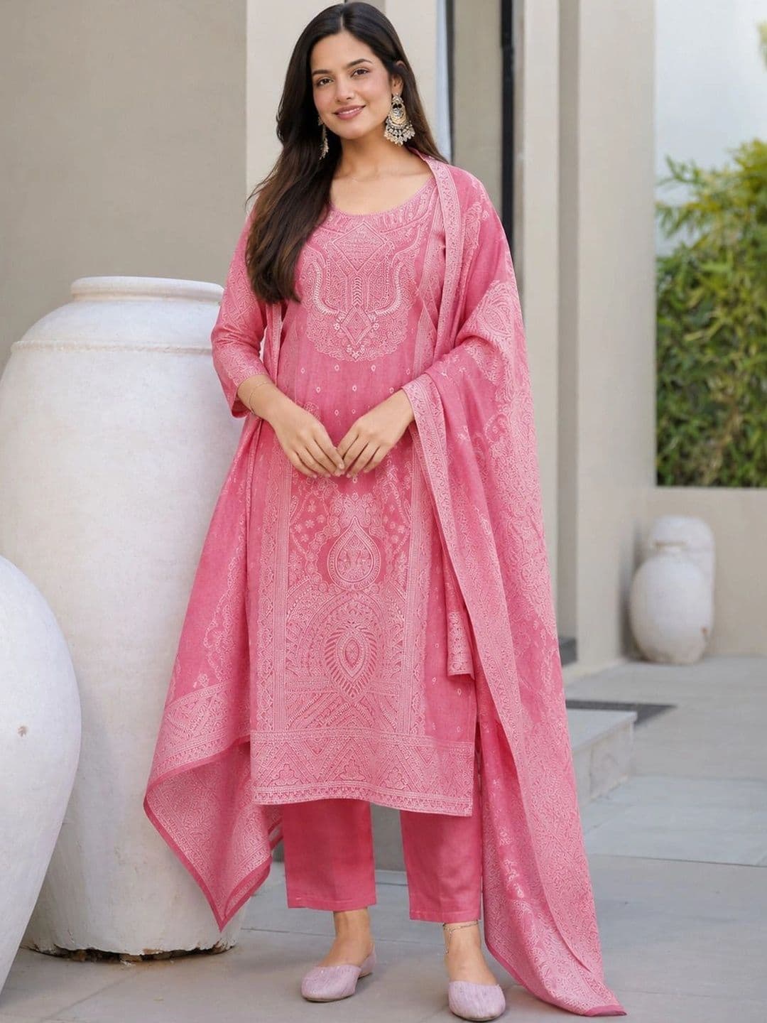 evadesignerstudio Women Ethnic Motifs Printed Regular Pure Cotton Kurta with Trousers & With Dupatta - view 1