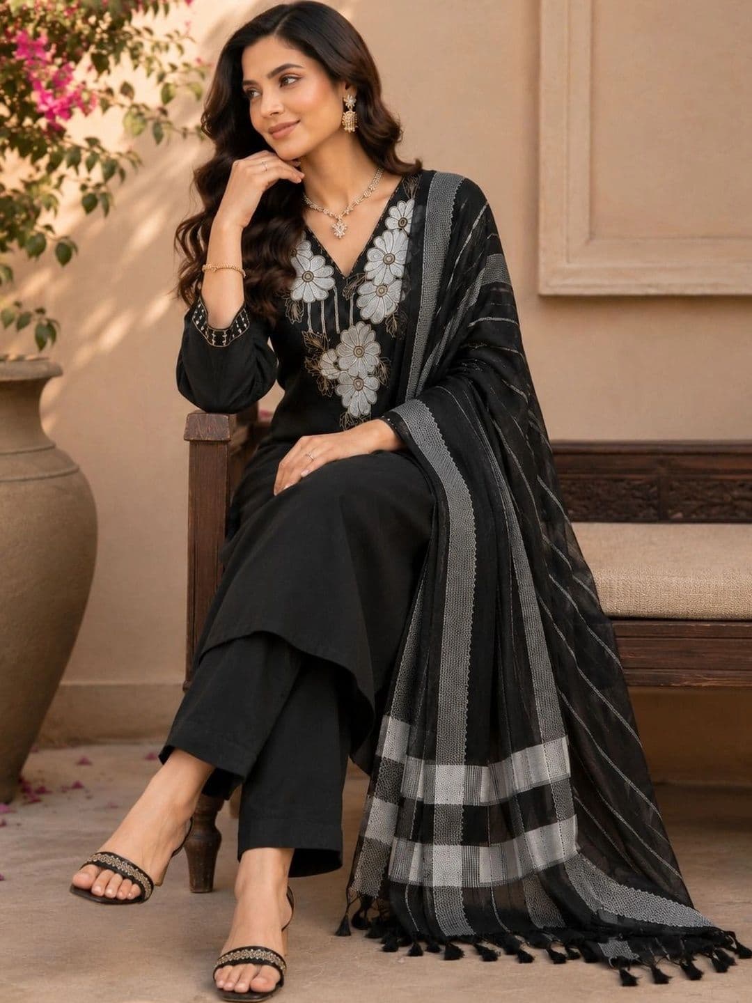 BILANZA Women Floral Embroidered Regular Thread Work Kurta with Trousers & With Dupatta thumbnail 2