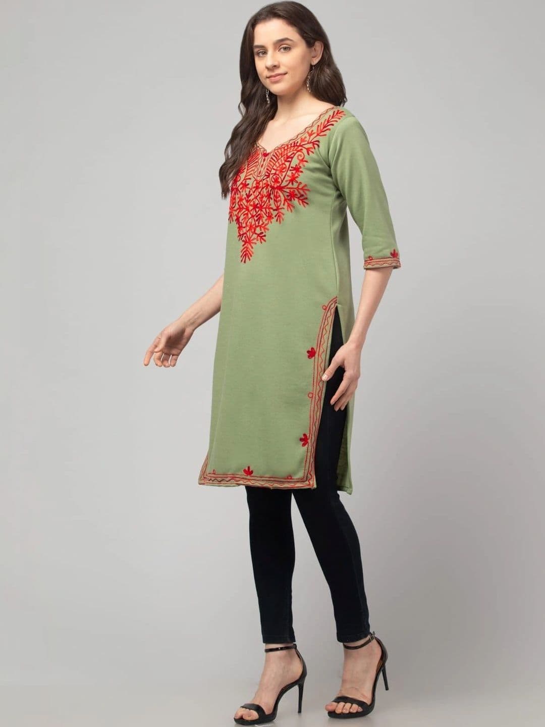 AFFLEON Women Ethnic Motifs Embroidered Thread Work Woollen Kurta thumbnail 7
