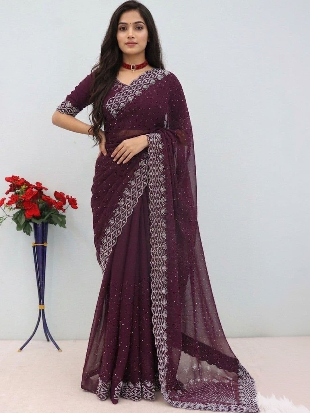 SmileyFashion Embellished Pure Georgette Designer Saree - view 1