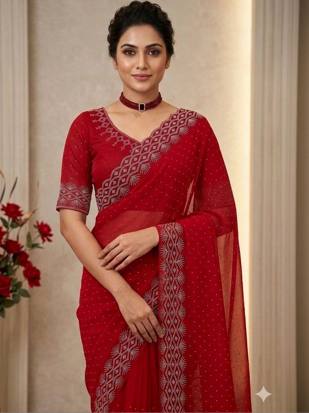 SmileyFashion Embellished Pure Georgette Designer Saree thumbnail 3