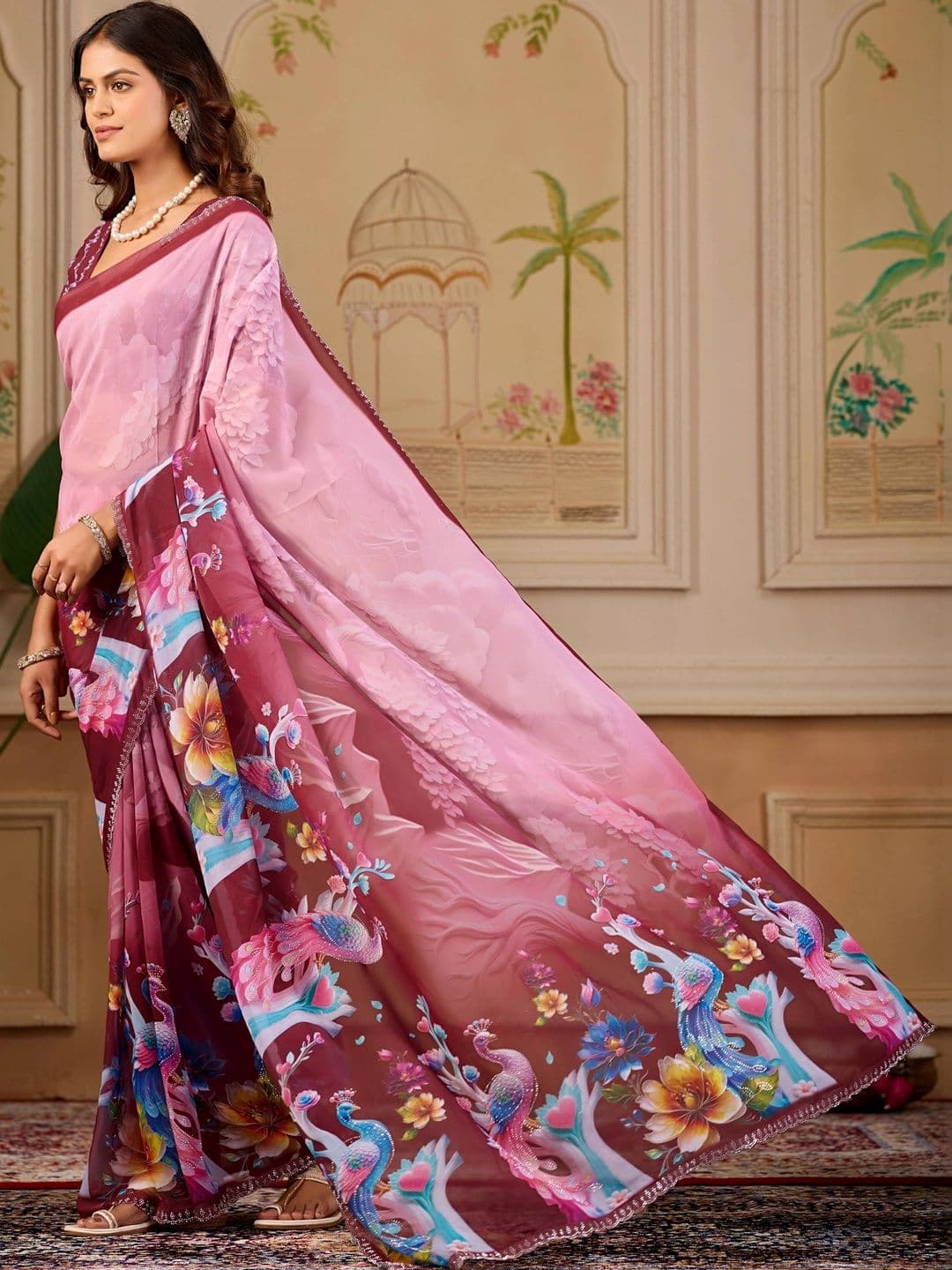 K 5 Fashion Ethnic Motifs Embroidered Pure Georgette Fusion Ikat Saree thumbnail 3
