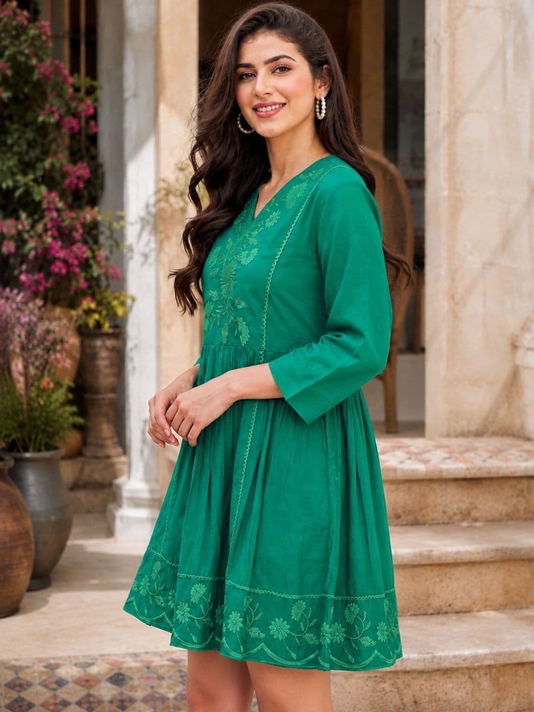 KALINI Floral Women Three-Quarter Sleeves Embroidered A-Line Dress thumbnail 2