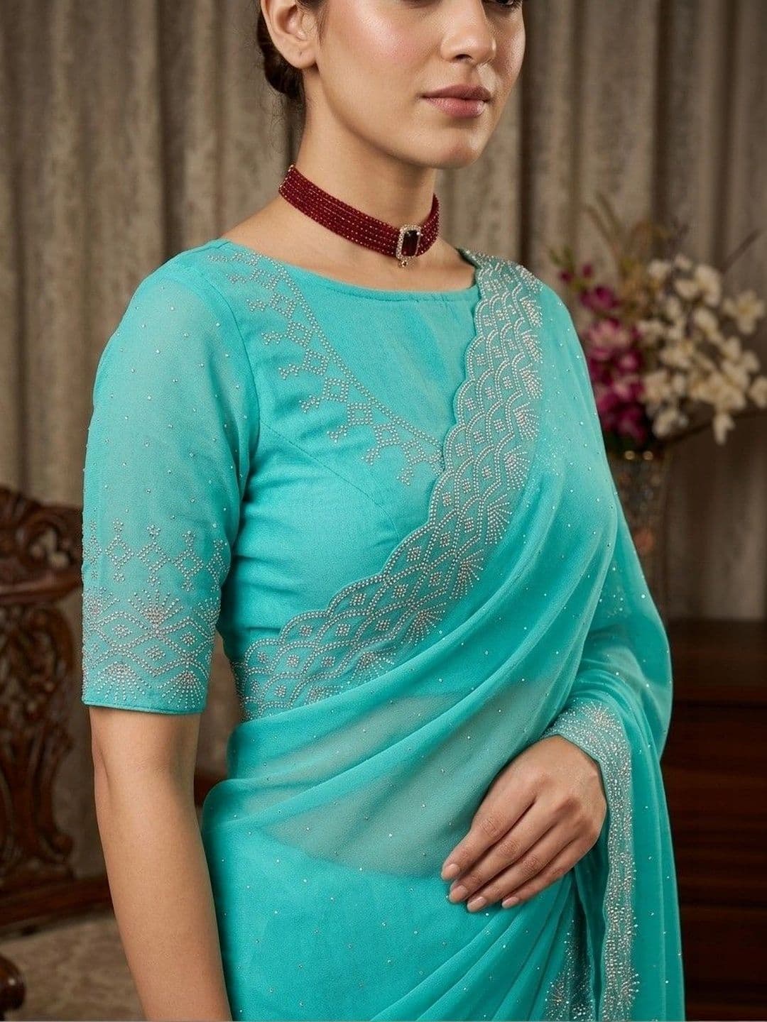 SmileyFashion Embellished Pure Georgette Designer Saree thumbnail 3