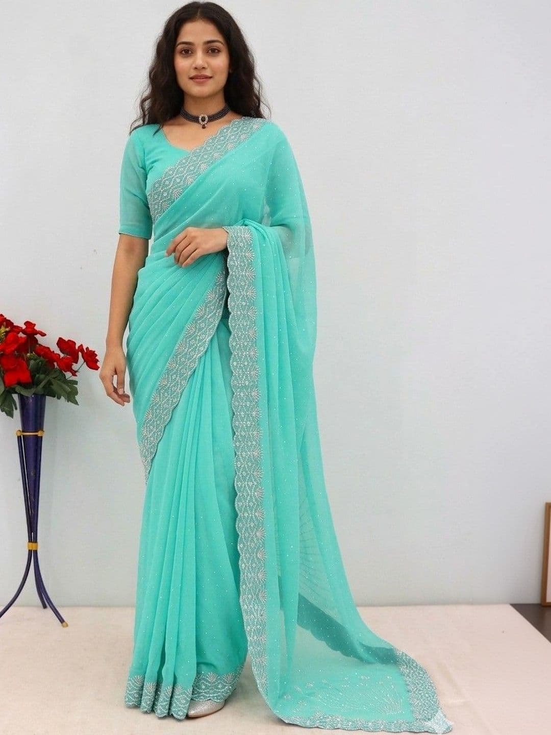 SmileyFashion Embellished Embroidered Pure Georgette Designer Saree - view 1