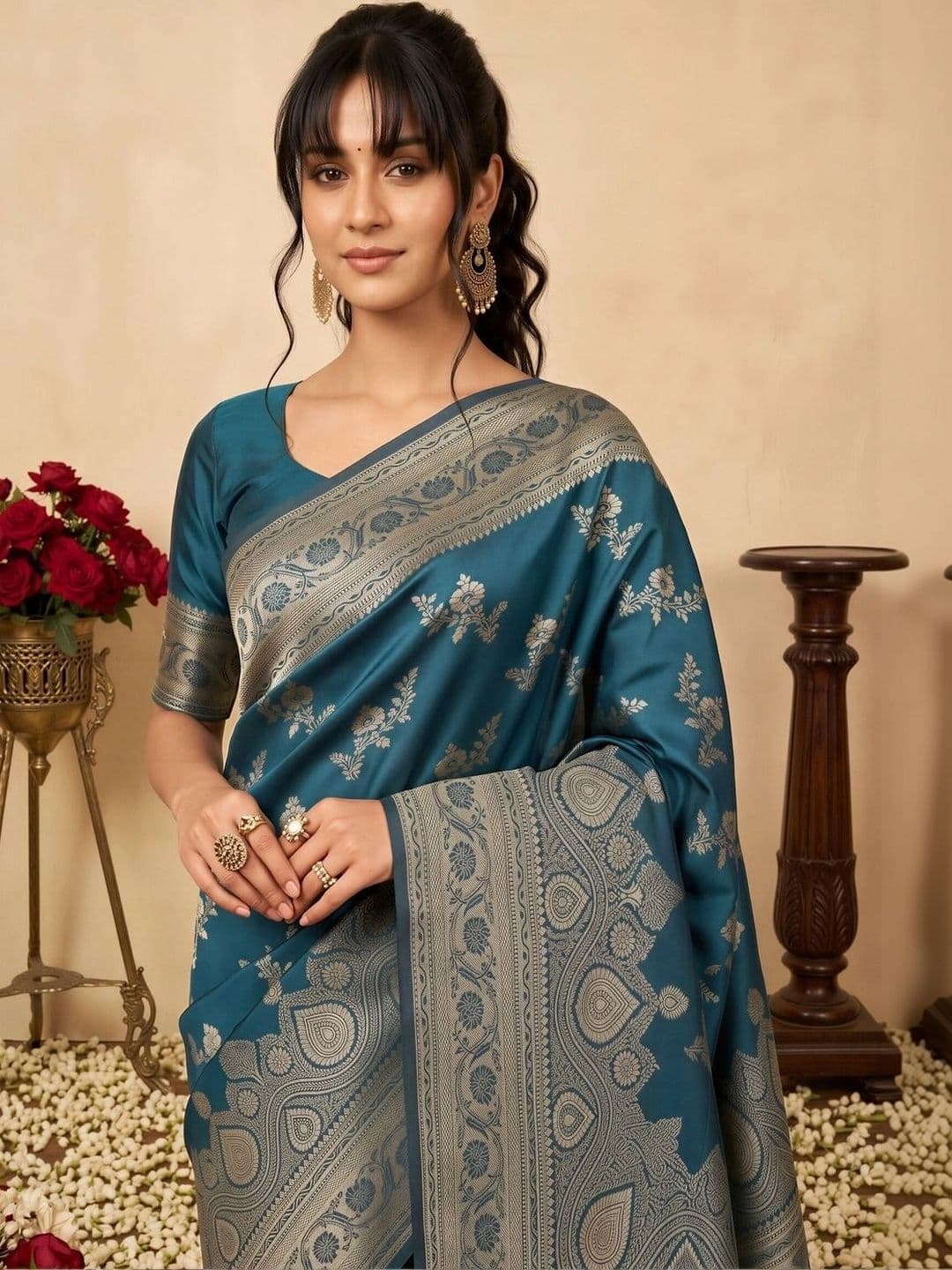 all about you Woven Design Zari Silk Blend Designer Banarasi Saree thumbnail 7
