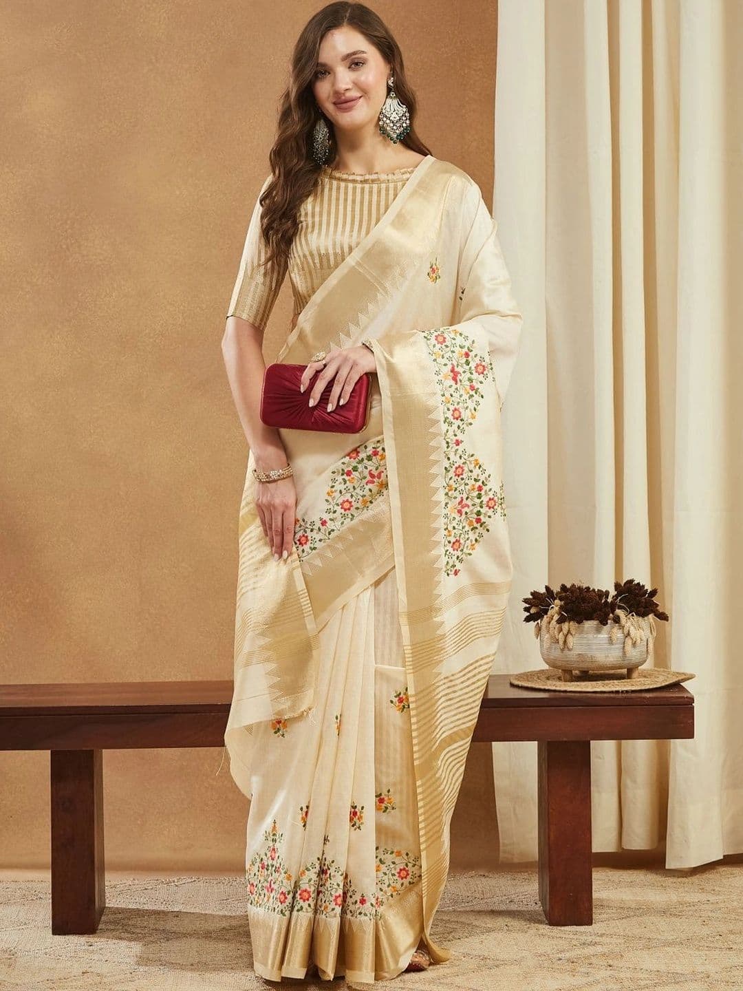 Sangria Woven Design Embroidered Art Silk Kasavu Saree - view 1
