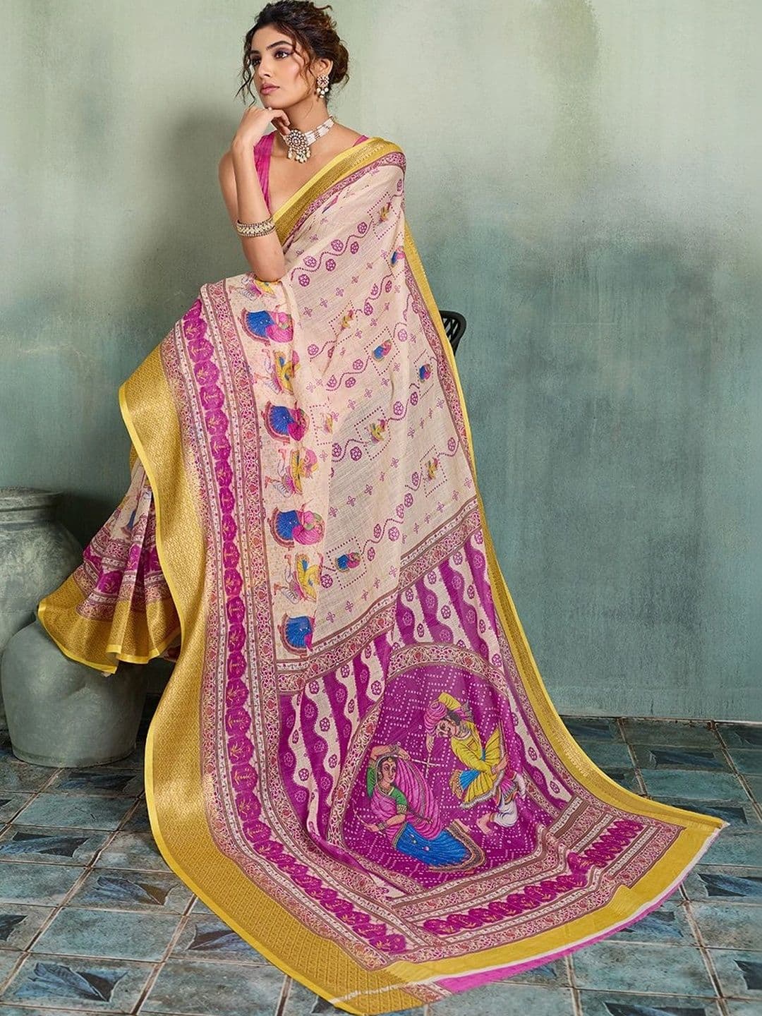 Nayanthara Trends Bandhani Zari Linen Blend Designer Saree thumbnail 4