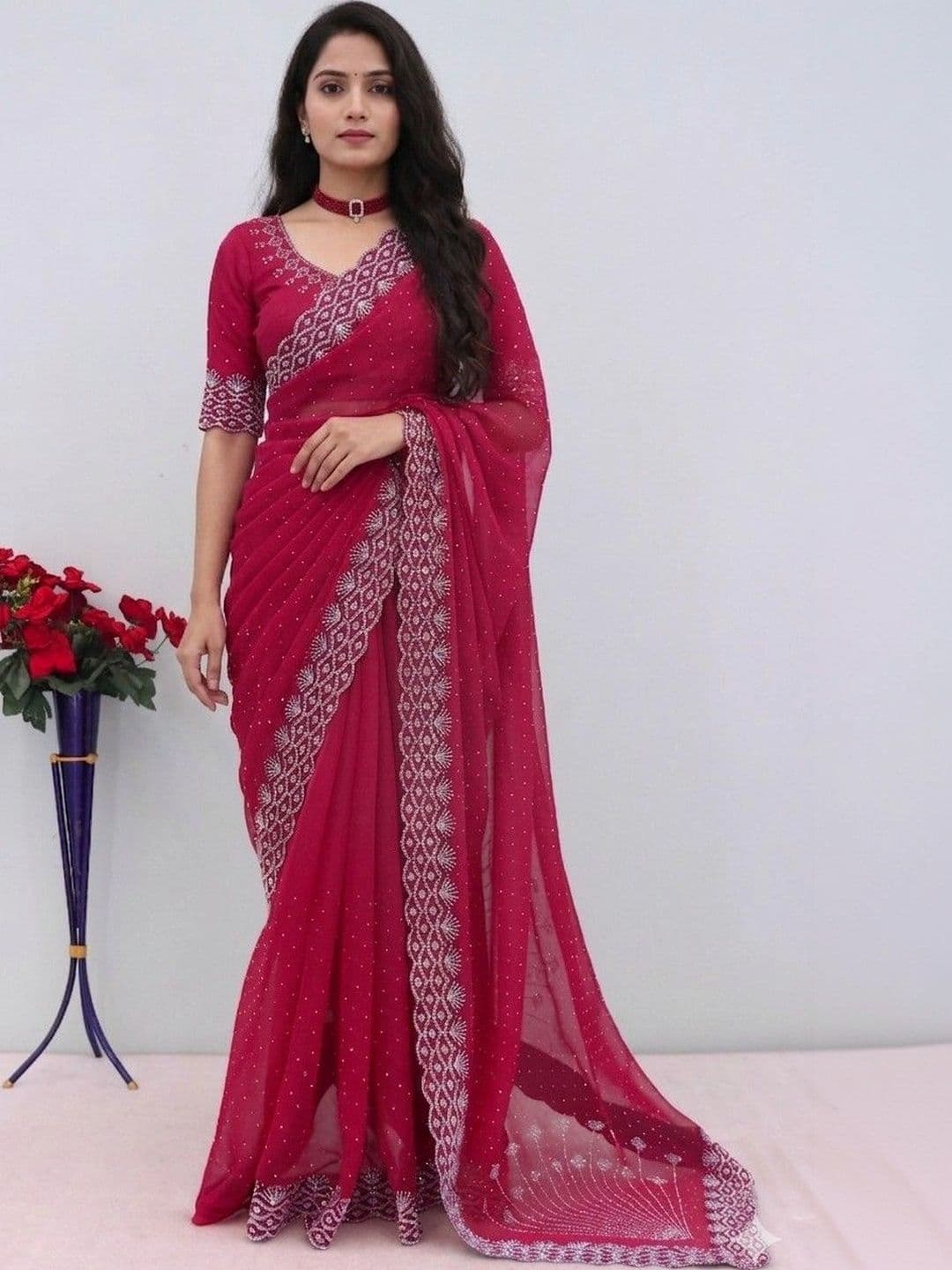 SmileyFashion Embellished Pure Georgette Designer Saree - view 1
