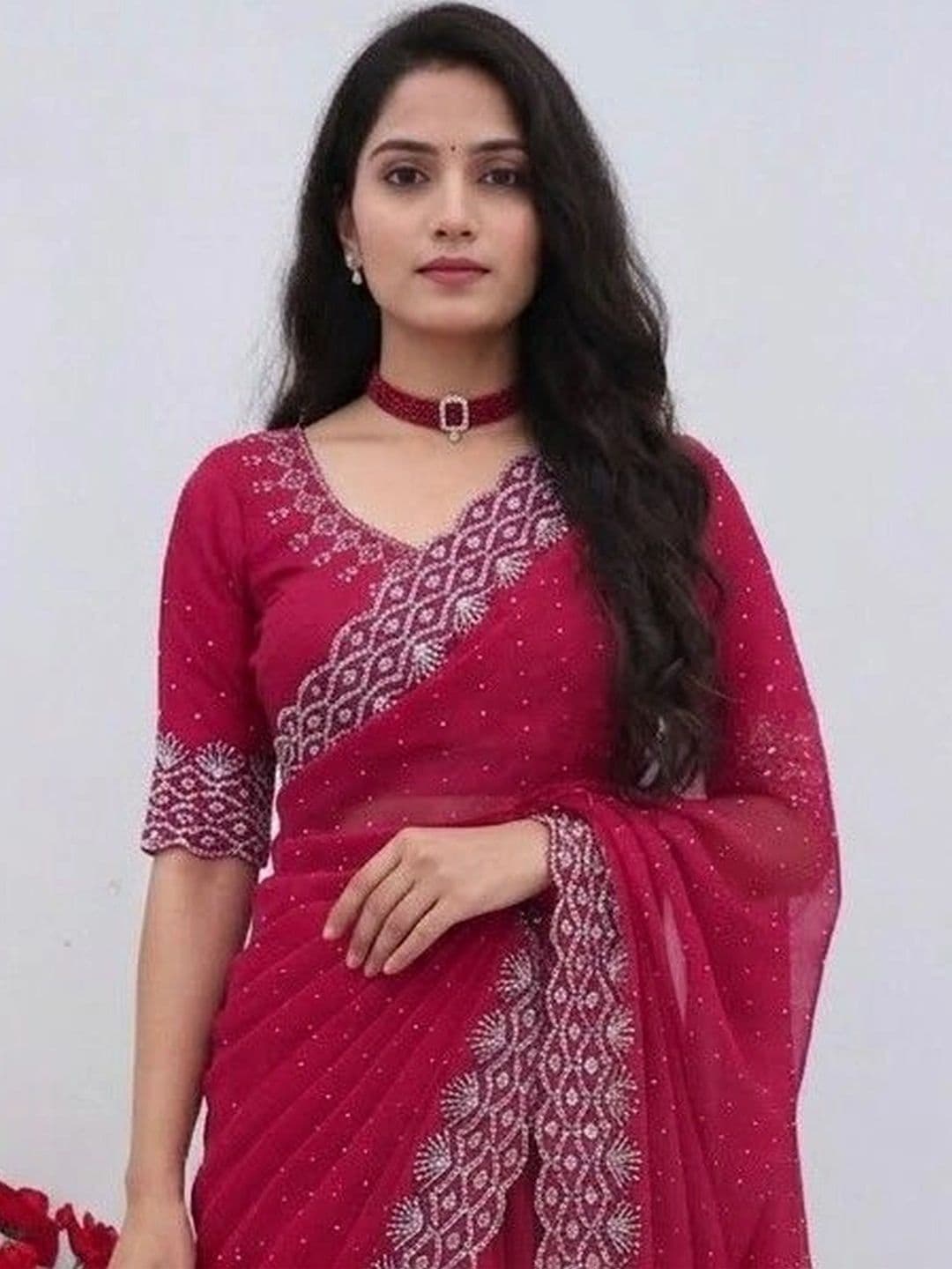 SmileyFashion Embellished Pure Georgette Designer Saree thumbnail 4