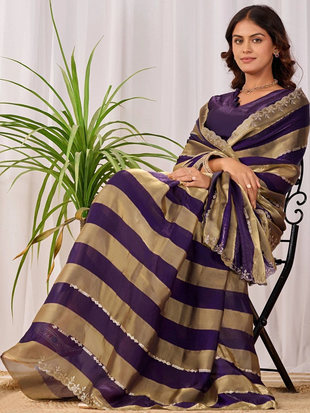 K 5 Fashion Striped Zari Satin Fusion Ikat Saree thumbnail 5