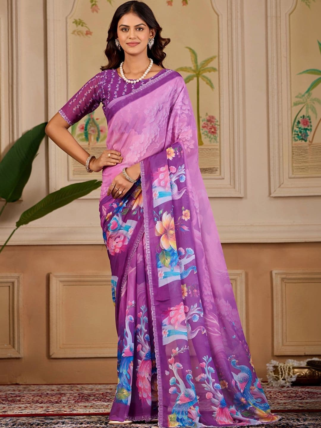 K 5 Fashion Floral Embroidered Pure Georgette Fusion Ikat Saree - view 1