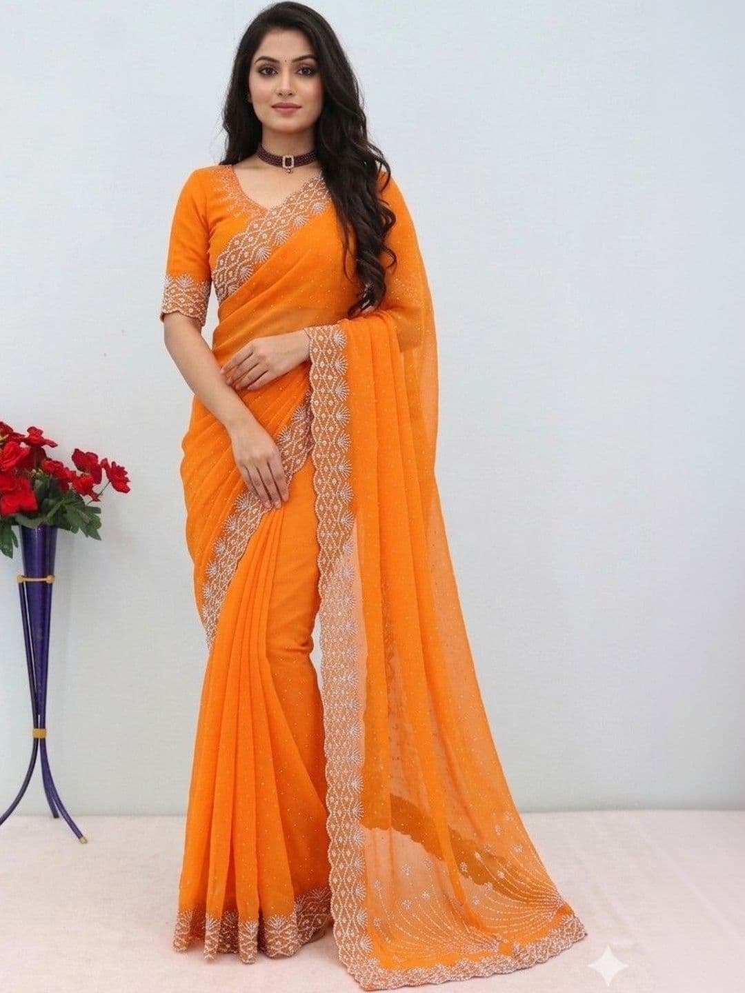 SmileyFashion Embellished Embroidered Pure Georgette Designer Saree - view 1