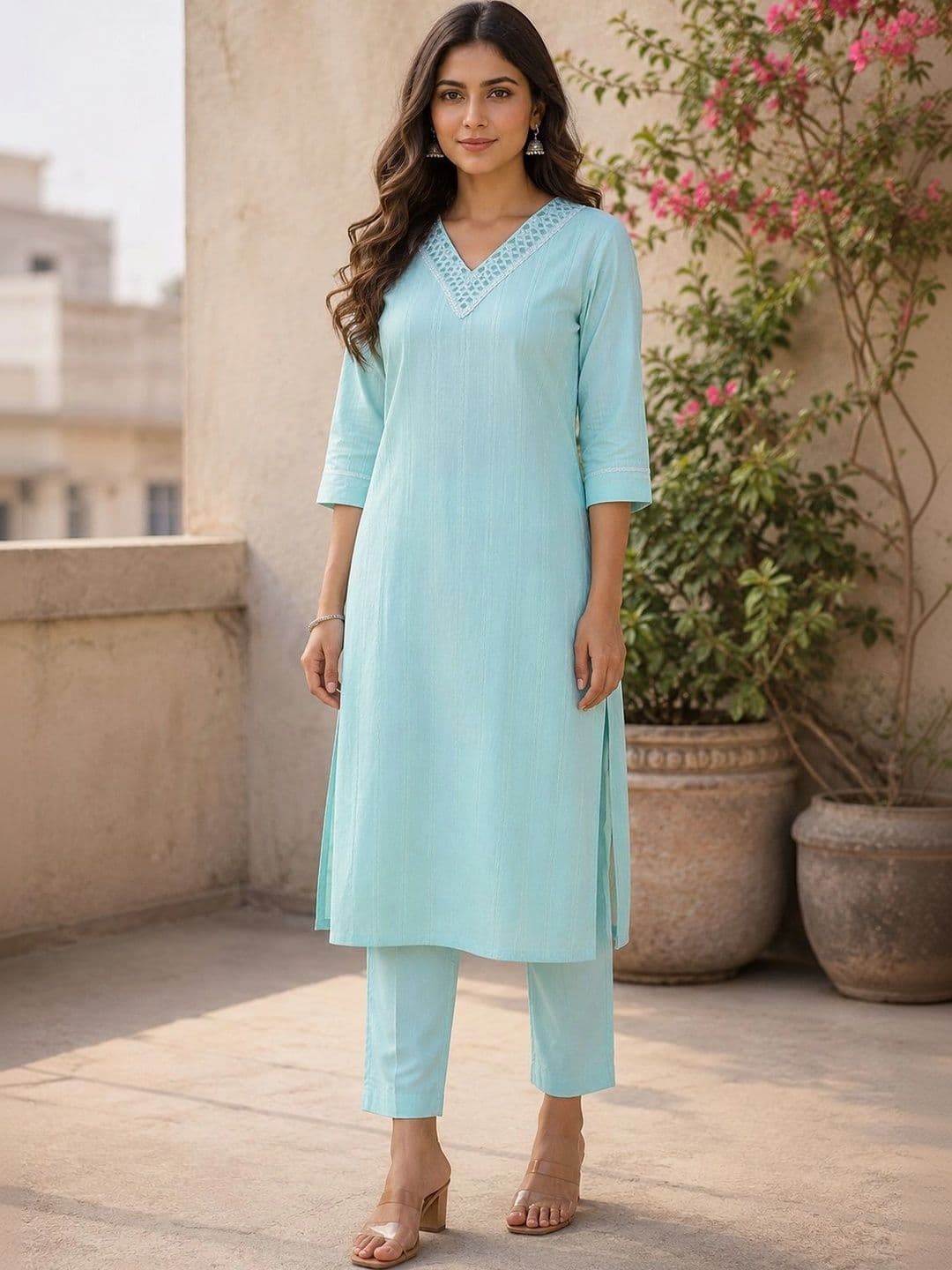 Bunai Women Regular Thread Work Kurta with Trousers - view 1
