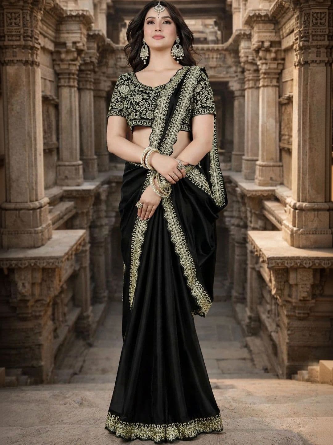 KALINI Floral Embroidered Silk Blend Heavy Work Saree thumbnail 4