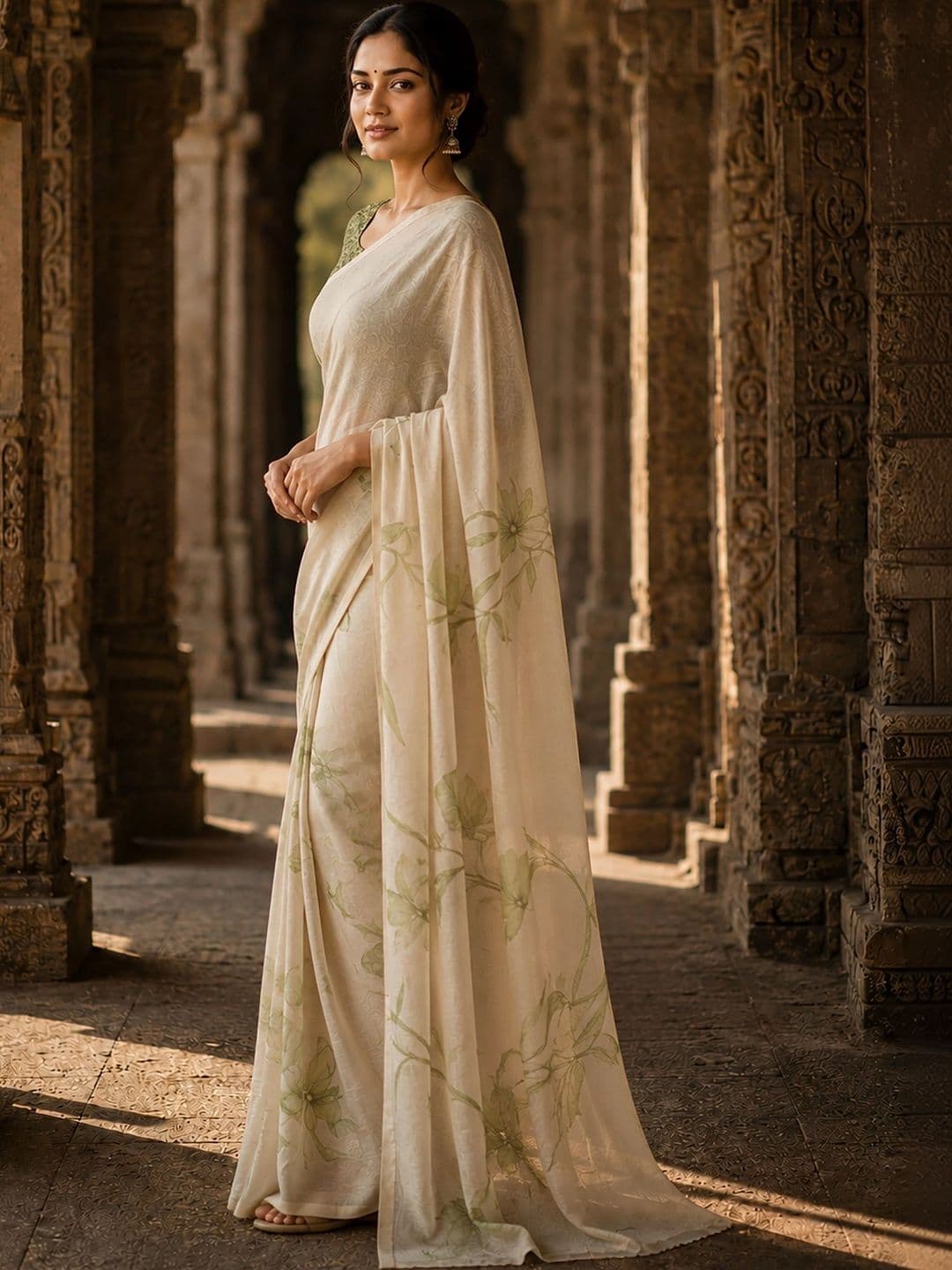 Mitera Floral Linen Blend Designer Block Print Saree thumbnail 4