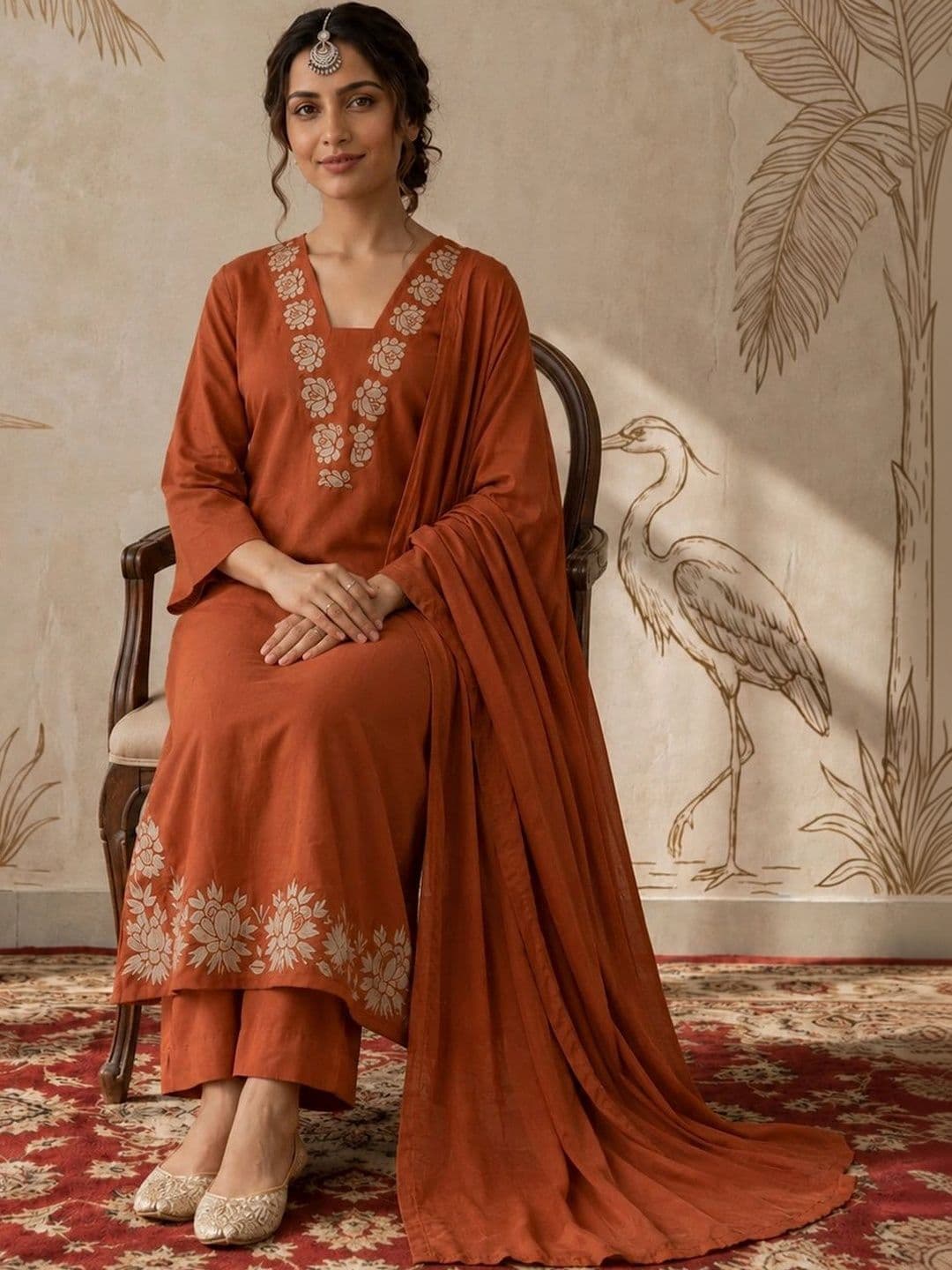 Sangria Women Ethnic Motifs Embroidered Regular Thread Work Kurta with Palazzos & With Dupatta thumbnail 2