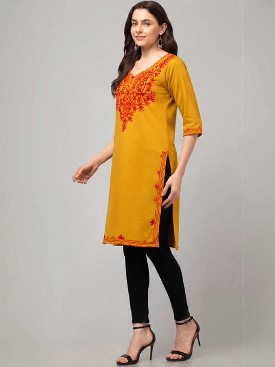 AFFLEON Women Ethnic Motifs Embroidered Thread Work Woollen Kurta thumbnail 2
